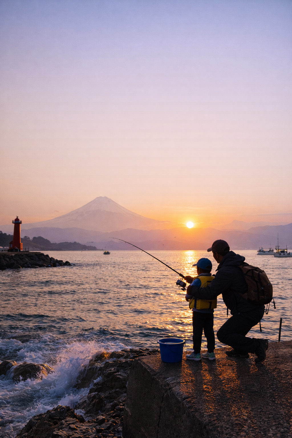 日本の海辺で釣りを楽しむ家族