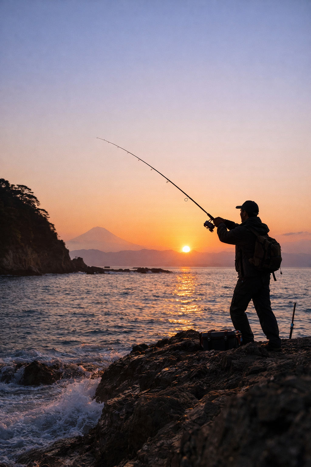 日本の海辺で釣りを楽しむアングラー