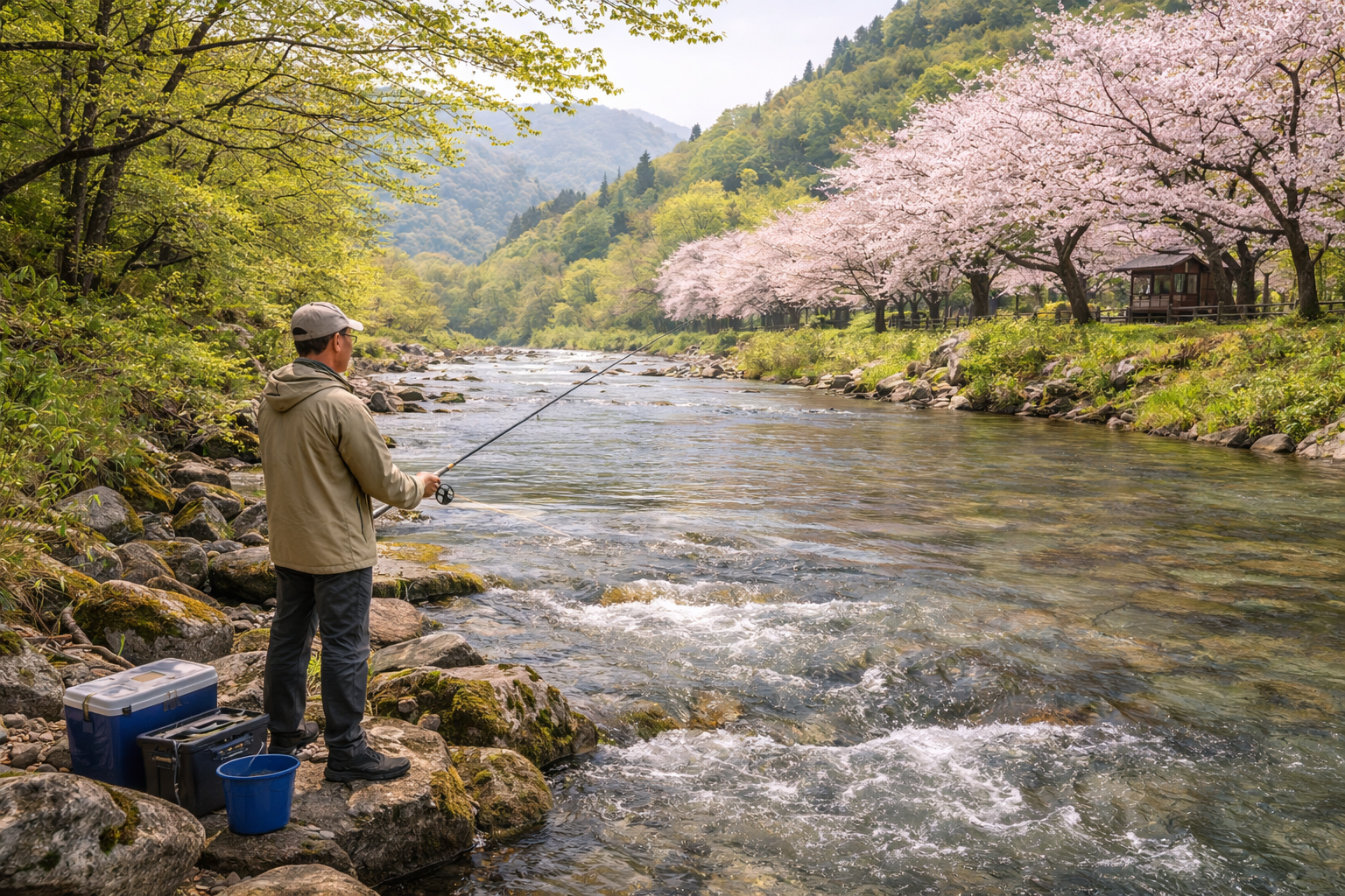 春の川釣り